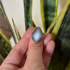 Grey Moonstone ring set in 18k gold and sterling silver band, by Linda Blumel